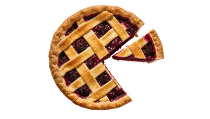 Golden lattice crust berry pie with a slice removed, isolated on transparent background © Nina