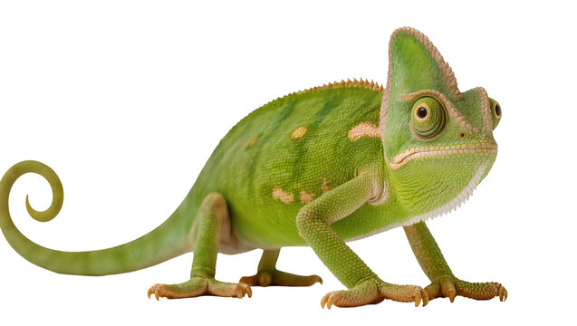 Green veiled chameleon with curled tail, isolated on transparent background