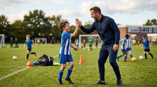 A football coach giving a high five to a schoolboy during training, sports field backdrop, encouraging gesture and uplifting team atmosphere, ultra-realistic, no logos.