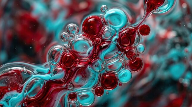Macro liquid forms in red and cyan with bubble-like shapes, playful depth, glossy contours and contemporary abstract motion, ultra-realistic, no logos.
