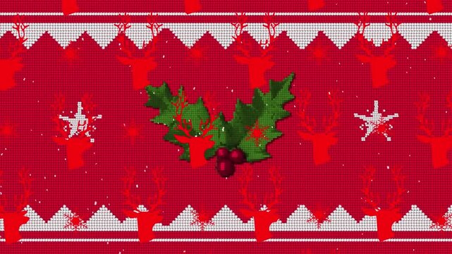 Animation of reindeer head repeated over mistletoe on red background