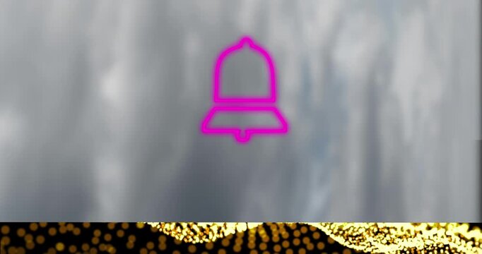 Animation of neon bell over grey texture background with gold glitter
