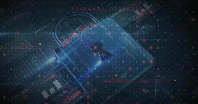 Animation of data processing, online security padlock and circuit board