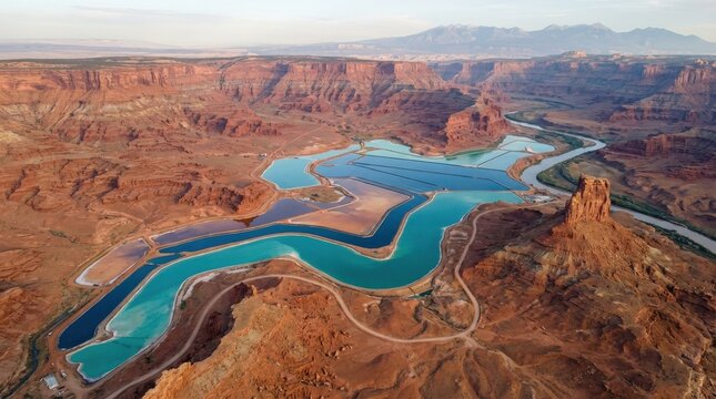 Aerial view of Elvis Rock and Potash Pond in Moab, Utah, vivid mineral colors, winding shoreline, striking desert textures, expansive natural abstraction, serene and cinematic atmosphere,