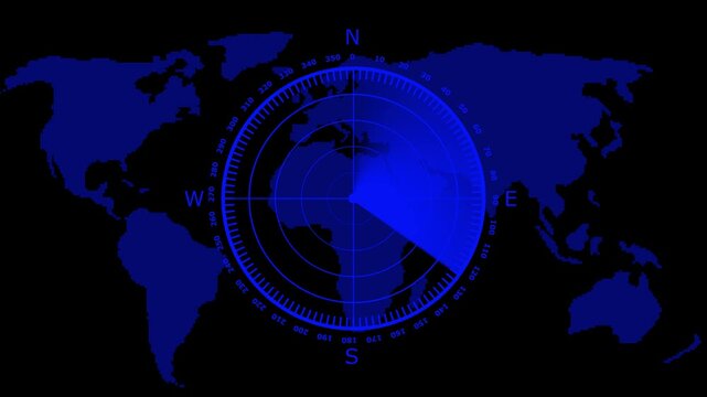 Blue radar interface displaying world map and data analysis navigation technology screen information analysis navigation technology screen information