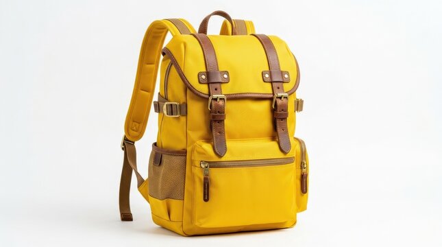 A shiny yellow backpack with brown leather straps and buckles against a white background, crisp fabric texture, polished hardware and bright adventurous mood, ultra-realistic, no logos.