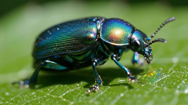 Iridescent Beetle on Green Leaf