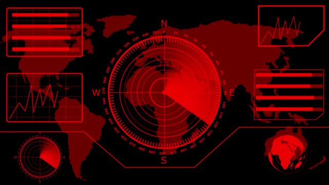 Red digital radar screen with world map and data analysis navigation technology information interface analysis navigation technology information interface