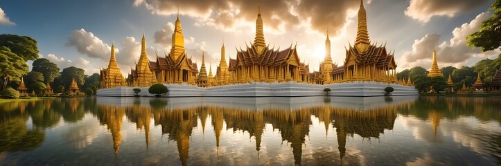 Fototapeta premium Warm Sunset Over Thai Temple and Reflection