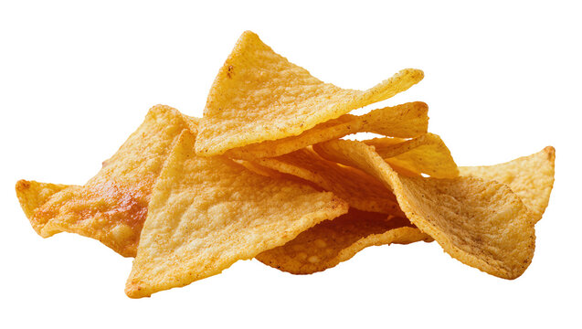 Crispy golden corn tortilla chips piled together, isolated on transparent background