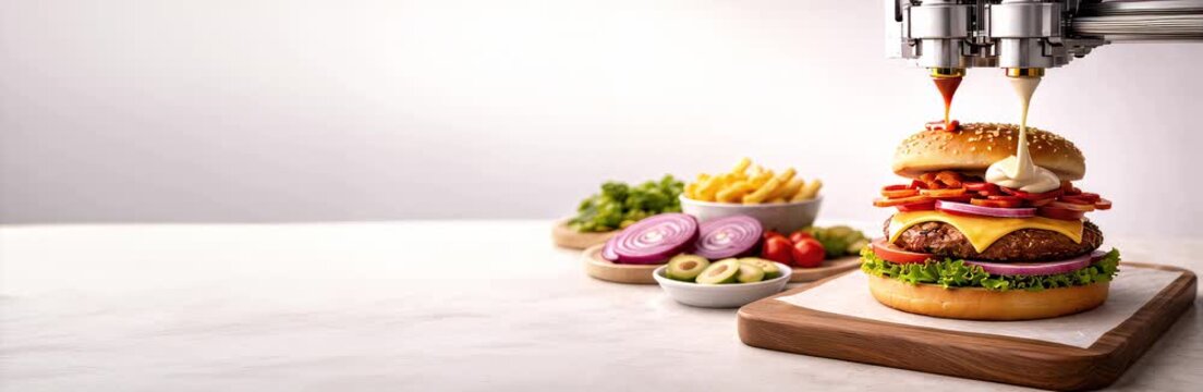 Industrial 3d printer assembling burger with toppings on wide banner composition, automated food printing technology, modern cooking process, smart culinary innovation.