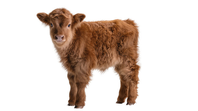 Fluffy brown Highland calf standing, isolated on transparent background