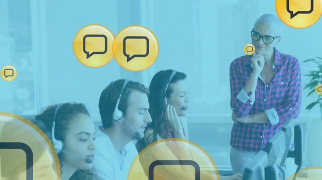 Animation of online message icons over diverse business people wearing phone headsets