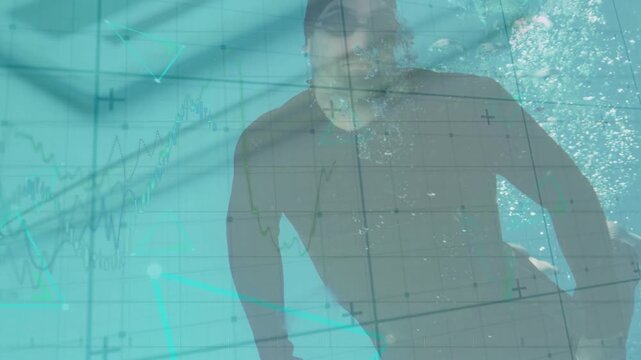 Animation of statistics and data processing over caucasian man underwater swimming in pool