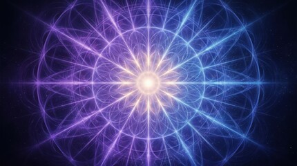 Obraz premium Abstract radial pattern in purple and blue hues, smooth expansion from the center, calm luminous atmosphere, ultra-realistic, no logos.