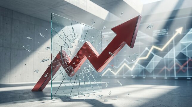 A large red arrow smashing through shattered glass, flying fragments, clean abstract setting, symbolizing breakthrough, financial growth and market disruption, dramatic high-impact lighting,