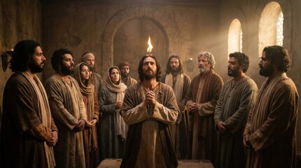 Fototapeta premium A man with a small flame above his head praying in devotion, surrounded by disciples in a historic room, warm sacred light and powerful Pentecost atmosphere, ultra-realistic, no logos.