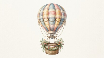 Fototapeta premium A hot air balloon with wicker basket and garland, isolated watercolor element, light travel and leisure symbolism, gentle whimsical charm, ultra-realistic, no logos.