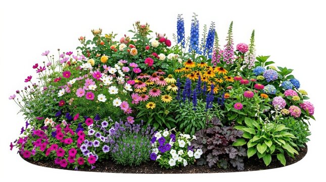 A colorful blooming flowerbed with varied plants and flowers, layered textures, fresh foliage and lively hues, isolated on white background, vibrant garden charm, ultra-realistic, no logos.