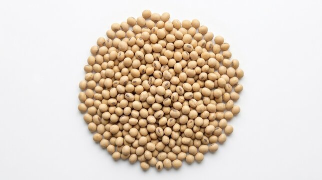 Top view of a pile of beige soybeans isolated on a transparent background, dry organic texture, clean ingredient cutout style, ultra-realistic, no logos.