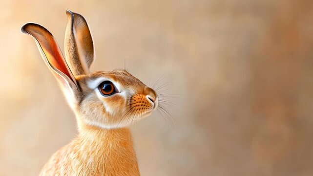 Closeup portrait of a wild brown hare with big ears attentively turning its head