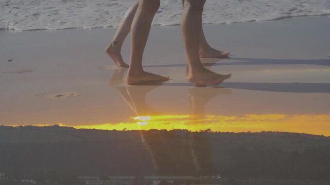 Animation of couple on beach by sea over landscape