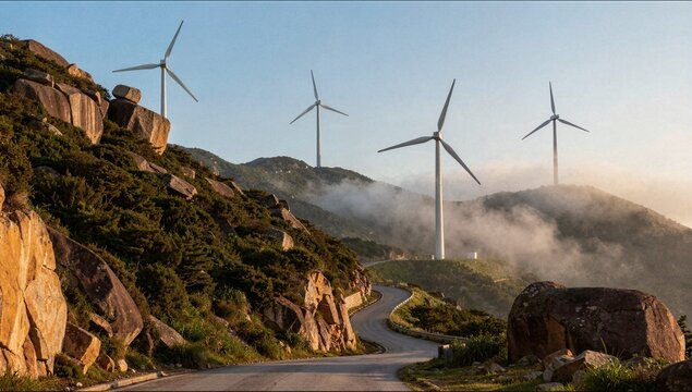 Wind turbines stand on a rocky mountain ridge above a winding road with clouds and mist rolling through the hills at sunrise.