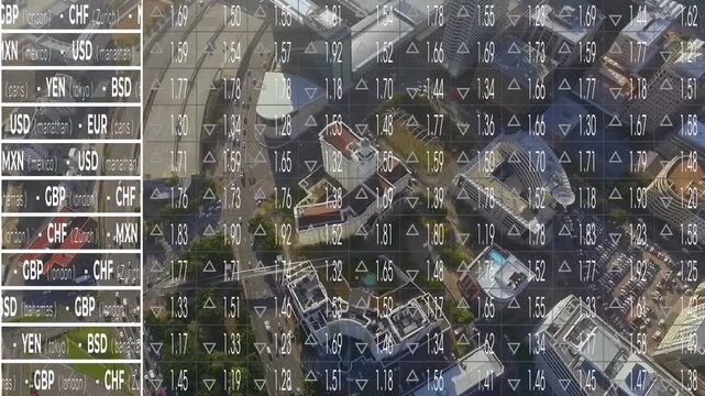 Animation of countries list with currency names, digits with up and down arrows, aerial view of city