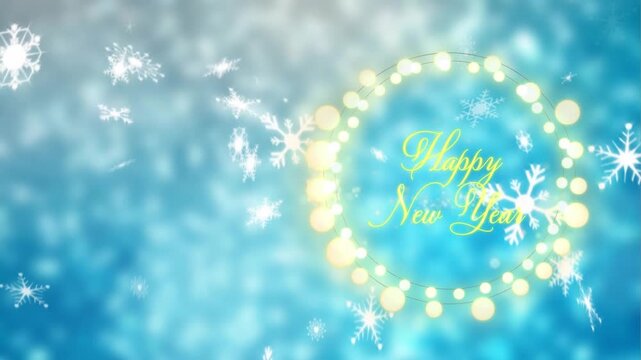 Animation of snowflakes over happy new year text over fairy lights banner against spots of light