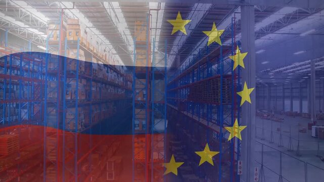 Animation of flag of russia and eu over warehouse