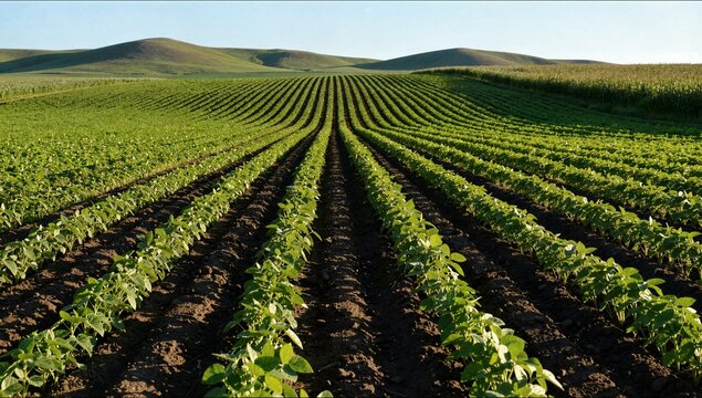 Long symmetrical rows of healthy green soybean crops grow in a vast agricultural field under a clear sky leading toward distant hills.
