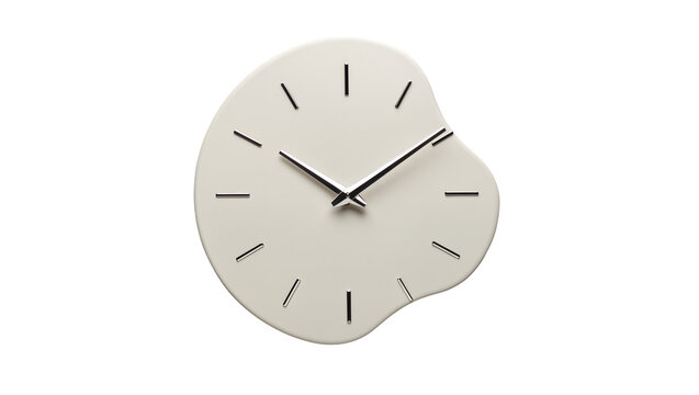 Melting organic shaped clock with black hands, isolated on transparent background