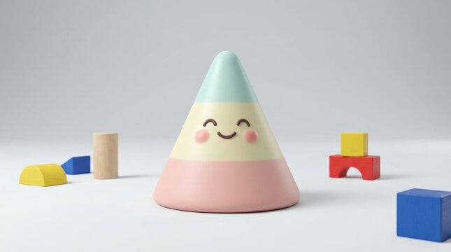 A cute cone-shaped character with smooth geometry, bright friendly expression, clean studio setup, playful minimal mood, ultra-realistic, no logos.