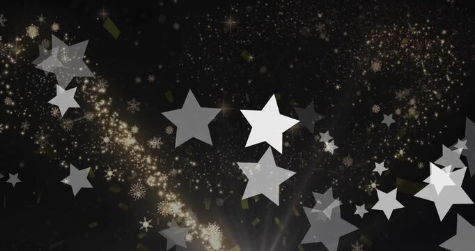 Animation of snowflakes and stars on black background