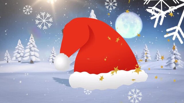 Animation of snowflakes and golden stars over santa hat against winter landscape