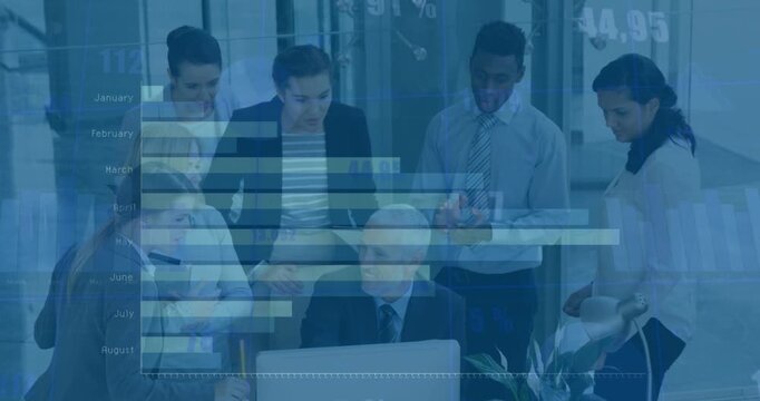 Animation of statistical data processing over diverse businesspeople discussing together at office