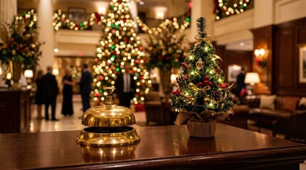 Fototapeta premium A golden reception desk service bell beside a small decorative Christmas tree in a hotel lobby, blurred festive bokeh lights glowing in the background, polished metallic surfaces and upscale holiday