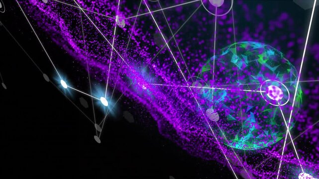 Animation of connected dots, purple particles forming abstract pattern over glowing globe