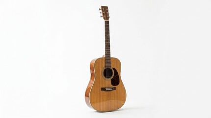 Obraz premium An acoustic guitar isolated on white, natural wood grain, strings and polished body rendered with crisp product detail, balanced studio shadows and clean minimalist presentation, ultra-realistic, no