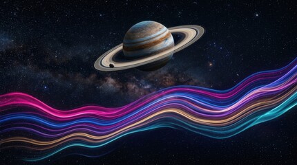 Naklejka premium A ringed planet hovering above colorful wavy lines in a dark star-filled sky, glowing cosmic bands, twinkling constellations and deep-space wonder, ultra-realistic, no logos.