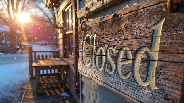 Rustic wooden closed sign on a snowy building front with bright golden winter sun rays