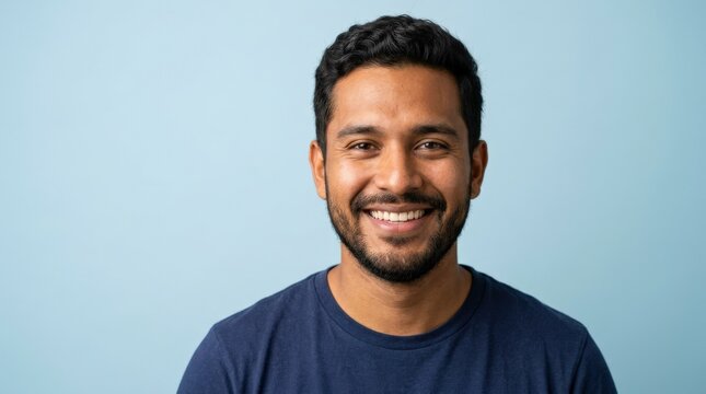A smiling Latino man with dark complexion against a light blue background, relaxed portrait pose, clean studio light and approachable expression creating a fresh simple headshot, ultra-realistic, no
