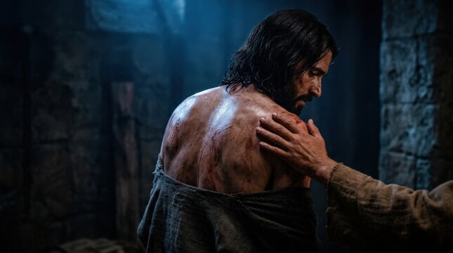 The wounded back of Jesus glistening with sweat and traces of blood as a human hand gently touches his shoulder, dark blue light shaping the pain and compassion of the flagellation scene, solemn
