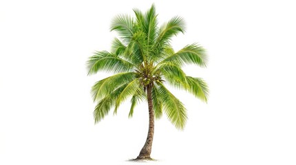Obraz premium A tropical palm tree in sunlight isolated on white background, bright green fronds and sunny coastal mood with clean natural detail, ultra-realistic, no logos.