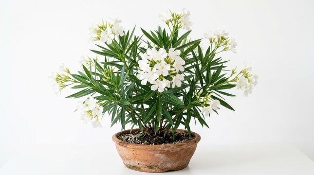 A blooming Nerium oleander with delicate white blossoms in a clay pot, isolated on white background, Mediterranean elegance and soft botanical detail, ultra-realistic, no logos.