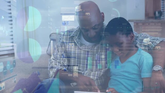 Animation of statistics and data processing over father with son reading