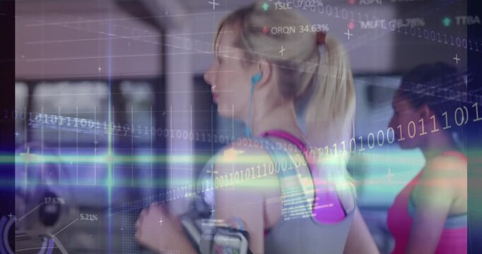 Animation of financial data processing over diverse people exercising in gym