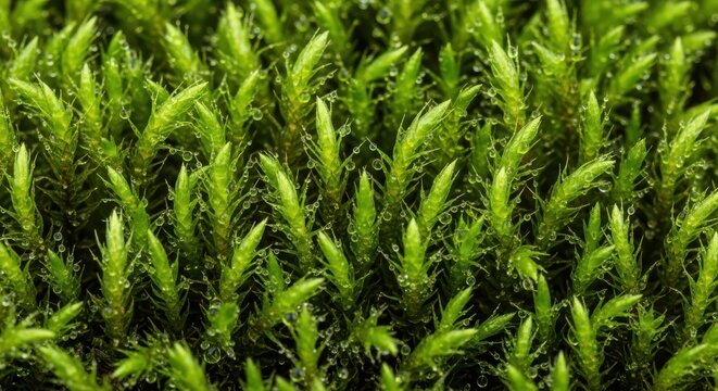 Closeup macro photograph of vibrant green moss with tiny, upright shoots
