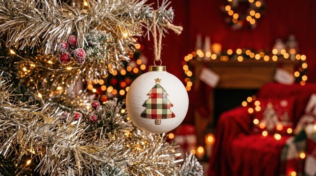 A white Christmas ornament with a plaid tree design hanging on tinsel garland, glowing fairy lights on a red festive background, cozy handcrafted holiday mood, ultra-realistic, no logos.