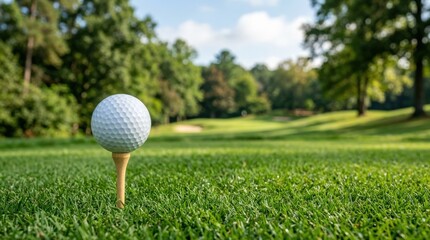 Obraz premium A white golf ball resting on a wooden tee in lush green grass, blurred trees in the background, crisp daylight and quiet sporty elegance, ultra-realistic, no logos.